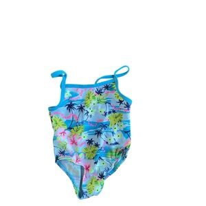 Blue Tropical Floral Girls One-Piece Swimsuit
